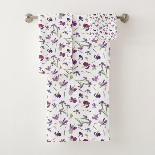 Chic Rustic Purple Watercolor Iris Flowers Pattern Bath Towel Set