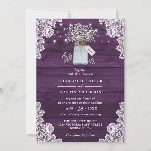 Chic Rustic Purple Wood Mason Jar Floral Wedding Invitation