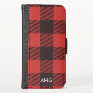 Chic Rustic Red & Black Flannel Pattern Monogram iPhone XS Wallet Case