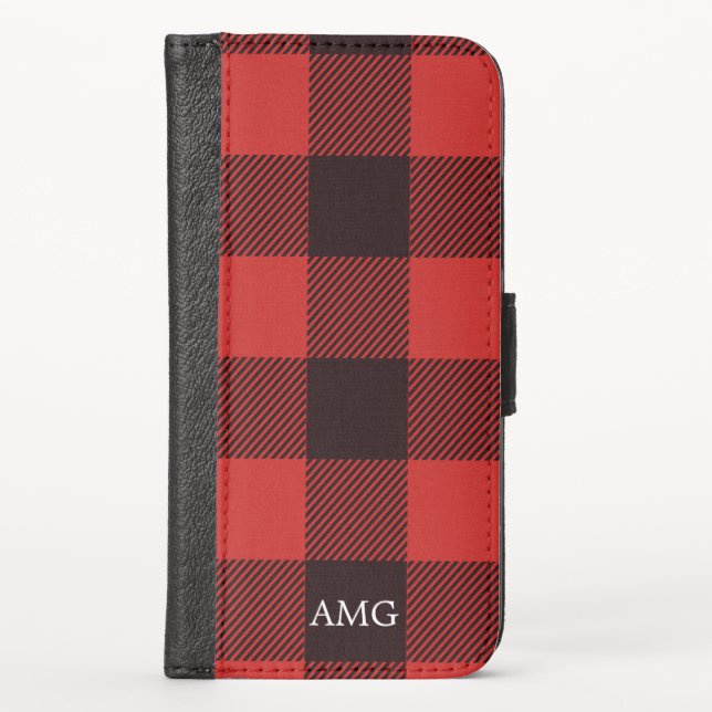 Chic Rustic Red & Black Flannel Pattern Monogram iPhone Wallet Case (Front)