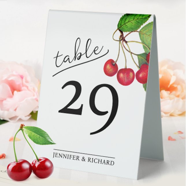 Chic Rustic Red Cherry Scannable QR Code Number Table Tent (Creator Uploaded)