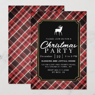 Chic Rustic Red Plaid Reindeer Christmas Party Invitation