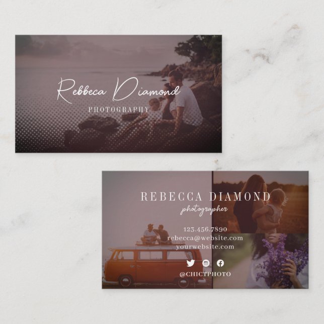 Chic Rustic Rose Gold Overlay 4 Photos Script Business Card (Front/Back)