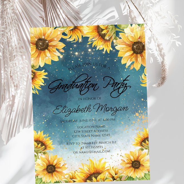 Chic Rustic Sunflowers,String Lights Graduation  Invitation (Creator Uploaded)