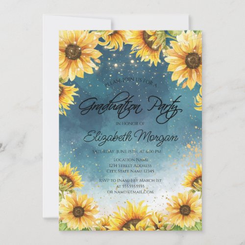 Chic Rustic SunflowersString Lights Graduation  Invitation