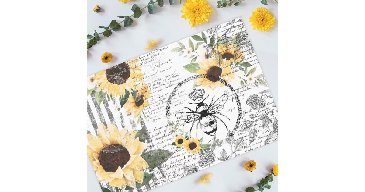Chic Rustic Vintage Queen Honey Bee Sunflowers Tissue Paper | Zazzle