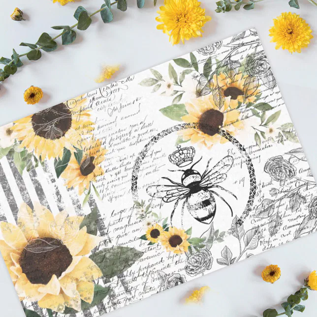 Chic Rustic Vintage Queen Honey Bee Sunflowers Tissue Paper | Zazzle