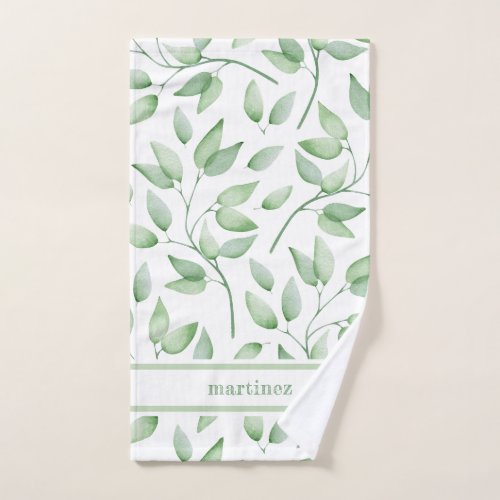 Chic Rustic Watercolor Botanical Leaves and Name Hand Towel