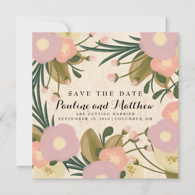 Chic Rustic Watercolor Floral Canvas Save the Date (Front)