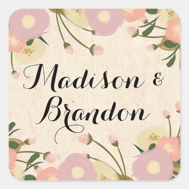 Chic Rustic Watercolor Floral Custom Wedding Square Sticker (Front)