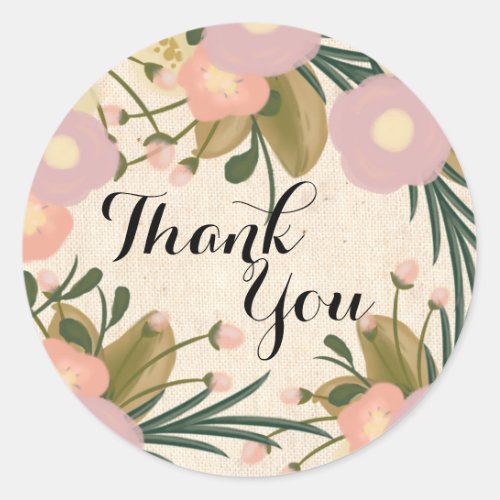 Chic Rustic Watercolor Floral Thank You Wedding Classic Round Sticker
