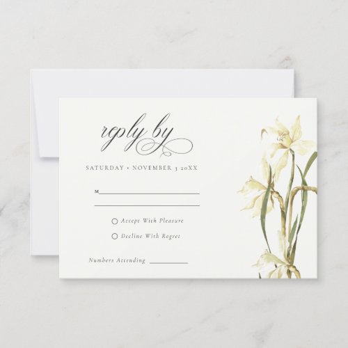 Chic Rustic White Daffodil Watercolor Wedding RSVP Card
