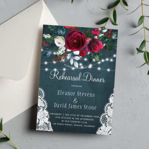 Chic rustic winter floral wedding rehearsal dinner invitation