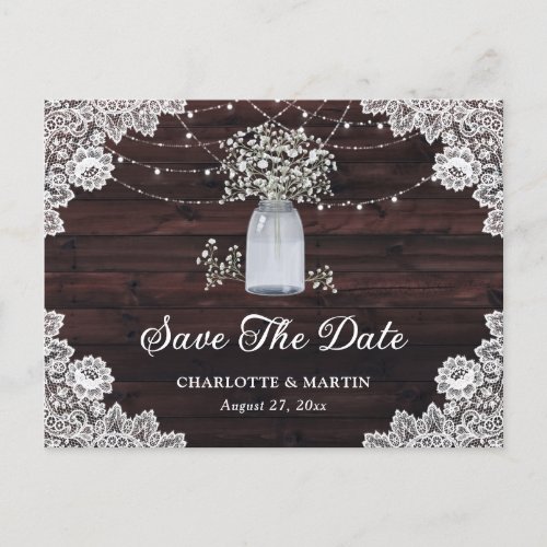 Chic Rustic Wood Lace Mason Jar Floral Wedding Announcement Postcard