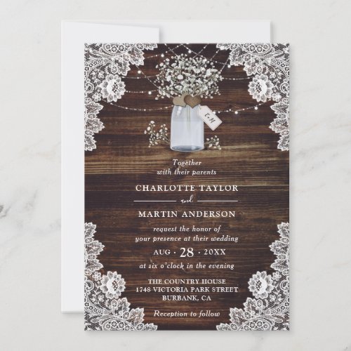 Chic Rustic Wood Mason Jar Floral Lace Wedding Invitation