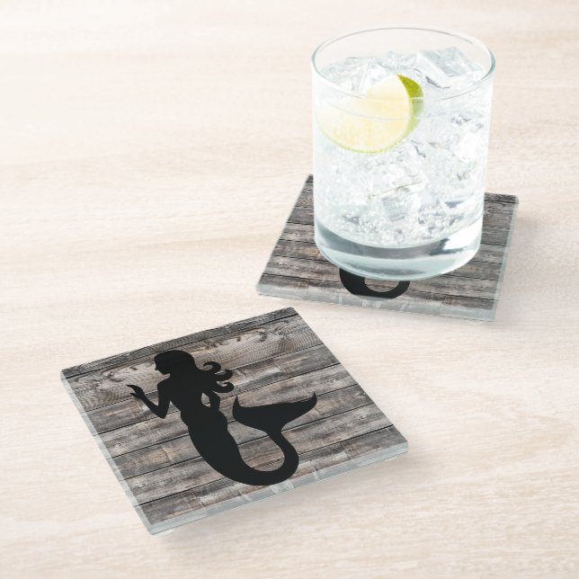 chic rustic wood MERMAID silhouette | Glass Coaster (Angled)
