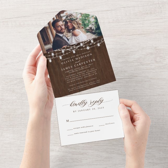 Chic Rustic Wood String Lights Photo RSVP Wedding All In One Invitation (Tearaway)