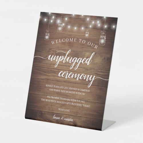 Chic Rustic Wood String Lights Unplugged Ceremony Pedestal Sign