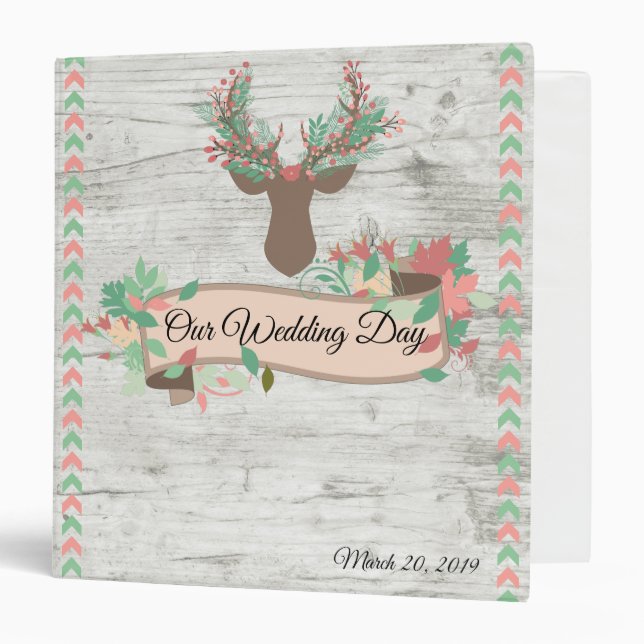Chic Rustic Woodland Wood Deer Antler Wedding 3 Ring Binder (Front/Inside)