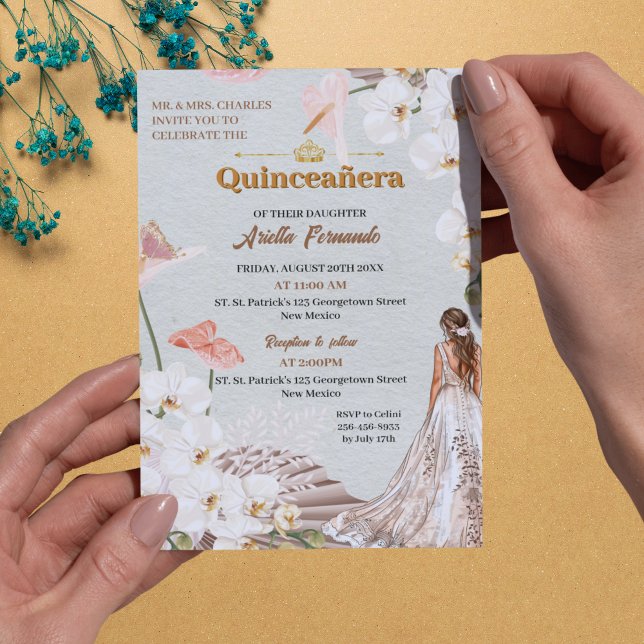Chic Sage & Blush Floral Quinceañera Invitation (Chic Sage & Blush Floral Quinceañera Invitation with Gold Accents)