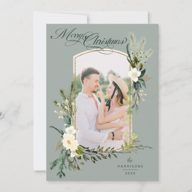 Chic Sage Christmas Botanical w/Gold Arched Photo Holiday Card (Front)