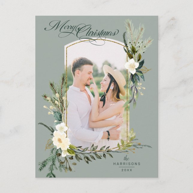 Chic Sage Christmas Botanical w/Gold Arched Photo Postcard (Front)