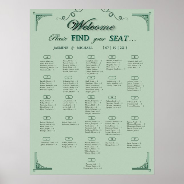 Chic Sage Eucalyptus Green Wedding Seating Chart   (Front)