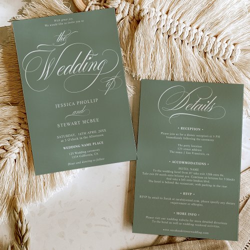 Chic sage green all in one calligraphy wedding invitation
