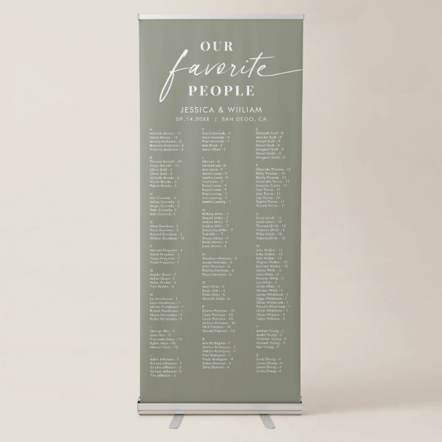 Chic Sage Green Alphabetical Wedding Seating Chart Retractable Banner (Front)