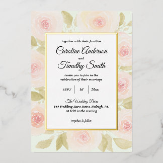 Chic Sage Green and Pink Rose Watercolor Wedding Foil Invitation
