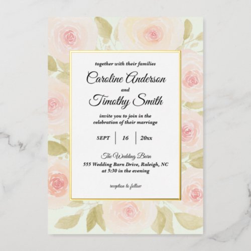 Chic Sage Green and Pink Rose Watercolor Wedding Foil Invitation