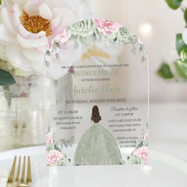 Chic Sage Green Baby Pink Floral Dress Quinceañera Acrylic Invitations (Creator Uploaded)