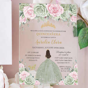 Chic Sage Green Baby Pink Floral Gold Quinceañera Acrylic Invitations
