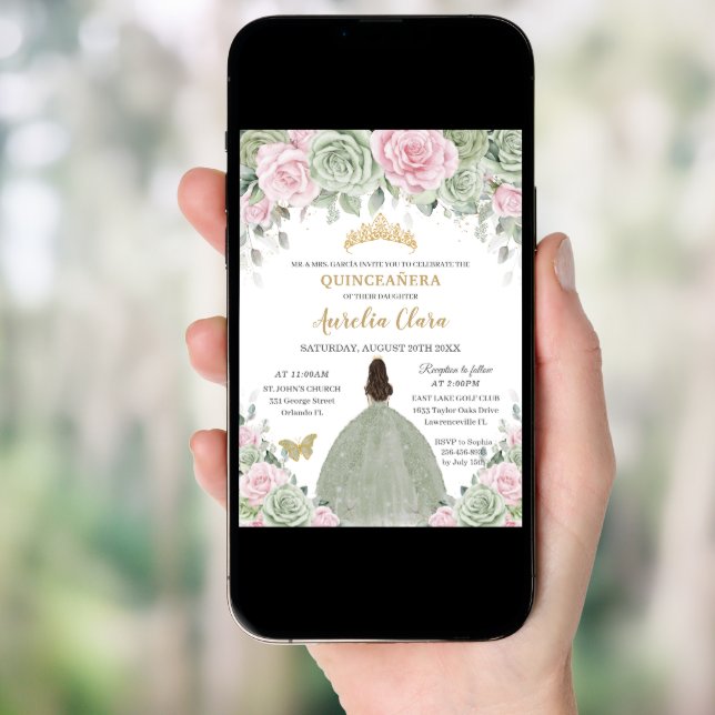 Chic Sage Green Baby Pink Floral Gold Quinceañera Invitation (Front Digital)
