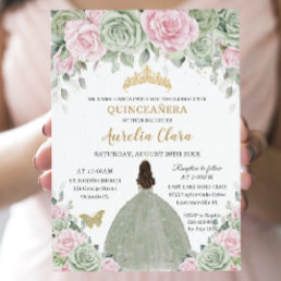 Chic Sage Green Baby Pink Floral Gold Quincea&#241;era Invitation