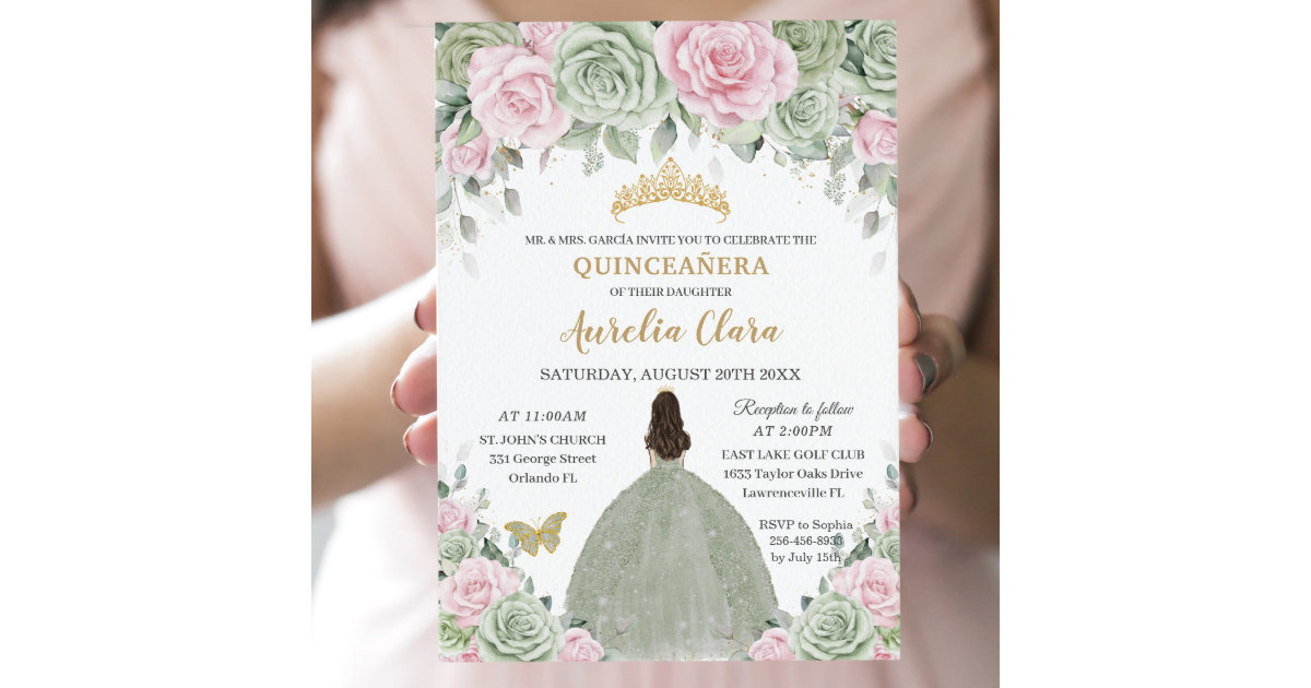 Chic Sage Green Baby Pink Floral Gold Quinceañera Invitation