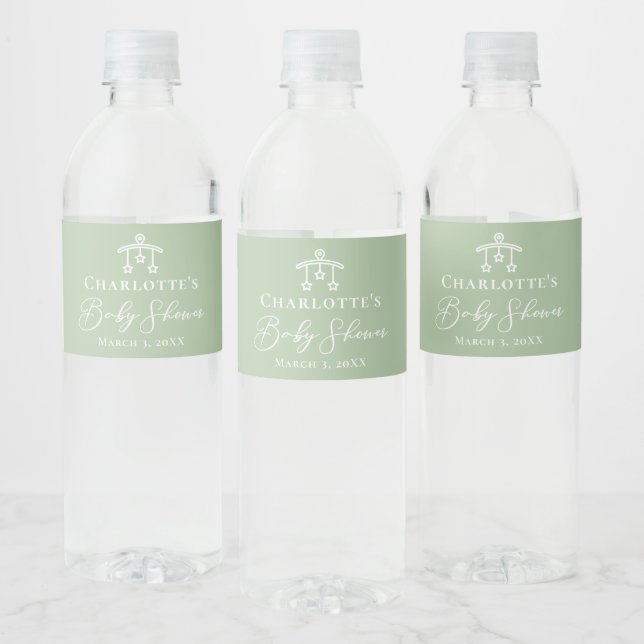 Chic Sage Green Baby Shower Party Personalized Water Bottle Label (Bottles)