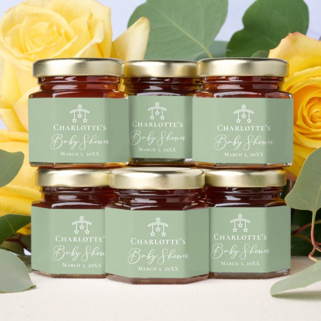 Chic Sage Green Baby Shower Personalized Honey Jar Favors (Insitu)