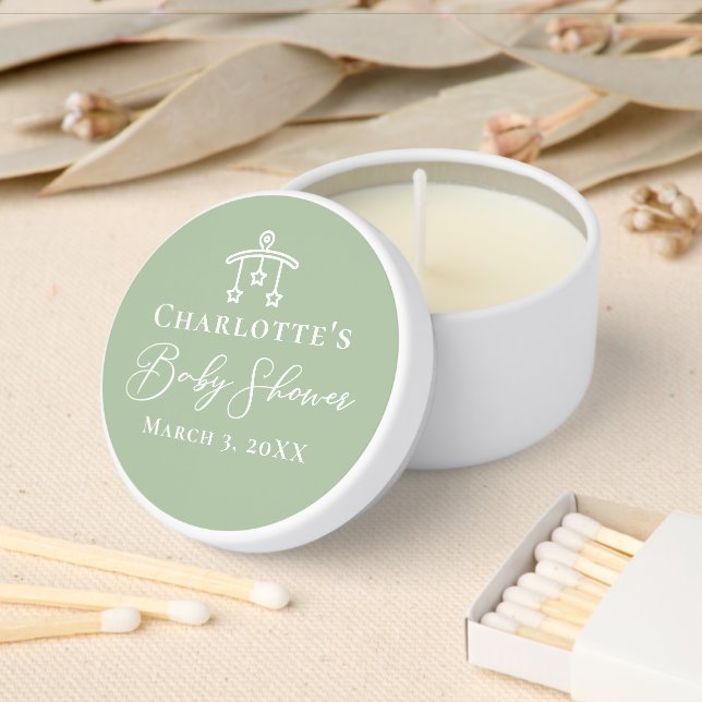 Chic Sage Green Baby Shower Personalized Mini Candle Favors (Insitu)