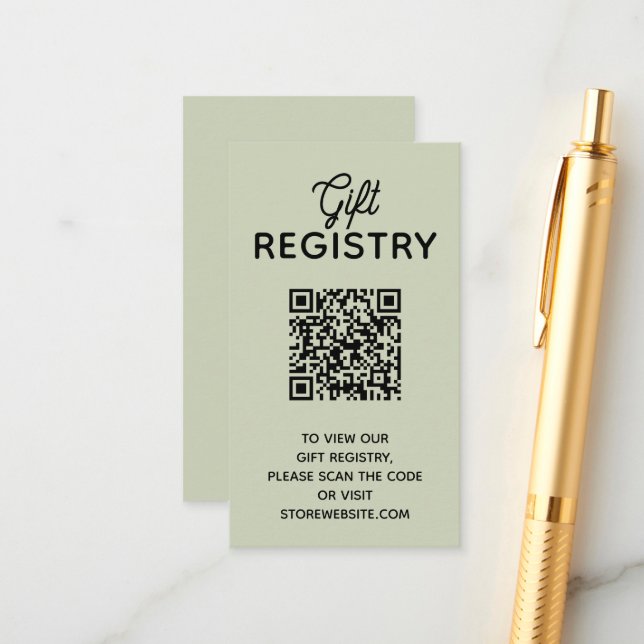 Chic Sage Green Baby Shower Registry QR Code Enclosure Card (Front/Back In Situ)