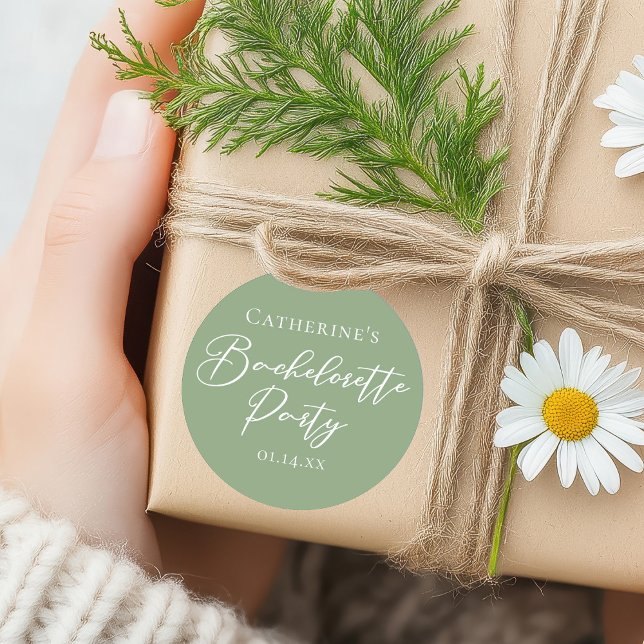 Chic Sage Green Bachelorette Party Personalized Classic Round Sticker (Creator Uploaded)