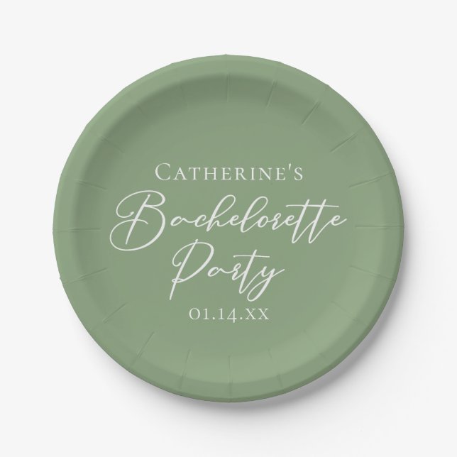 Chic Sage Green Bachelorette Party Personalized Paper Plates (Front)