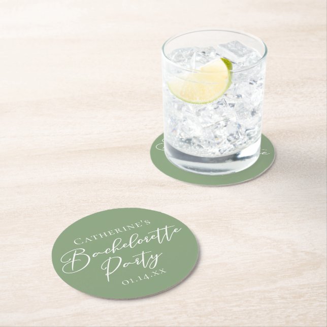 Chic Sage Green Bachelorette Party Personalized Round Paper Coaster (Insitu)