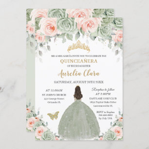 Chic Sage Green Blush Floral Gold Quinceañera XV Invitation
