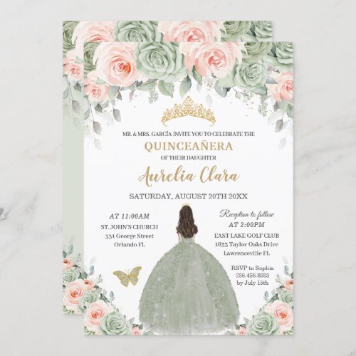 Chic Sage Green Blush Floral Gold Quinceaera XV Invitation