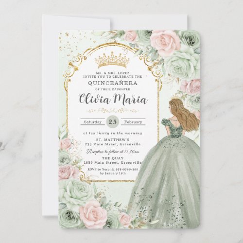 Chic Sage Green Blush Floral Princess Quinceañera 