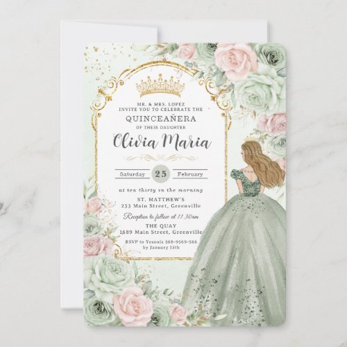 Chic Sage Green Blush Floral Princess Quinceaera  Invitation