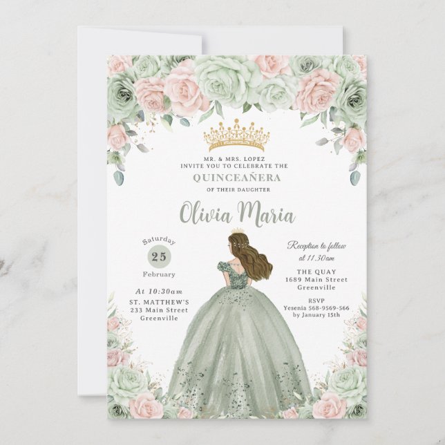 Chic Sage Green Blush Floral Princess Quinceañera  Invitation (Front)
