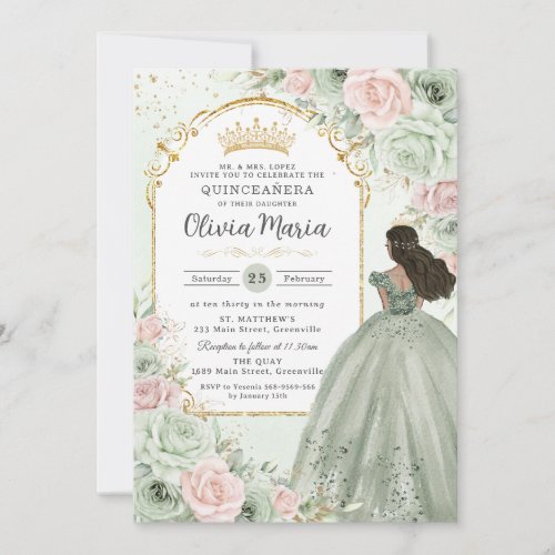 Chic Sage Green Blush Floral Princess Quinceaera  Invitation