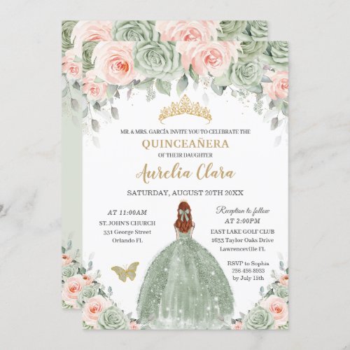 Chic Sage Green Blush Floral Red Hair Quinceaera Invitation